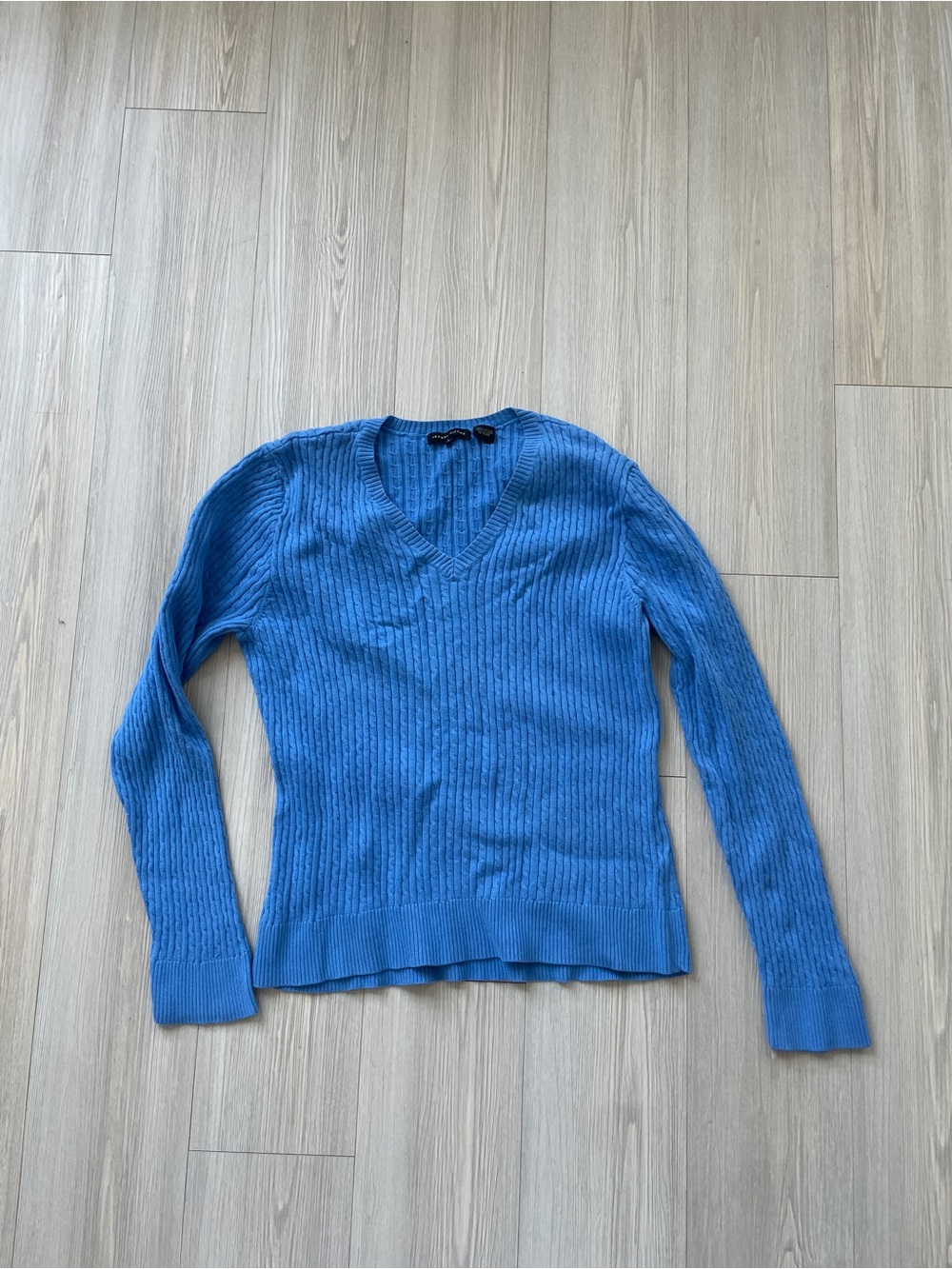 Jeanne Pierre 100% Cotton Cornflower Blue V-Neck Ribbed Women’s Sweater